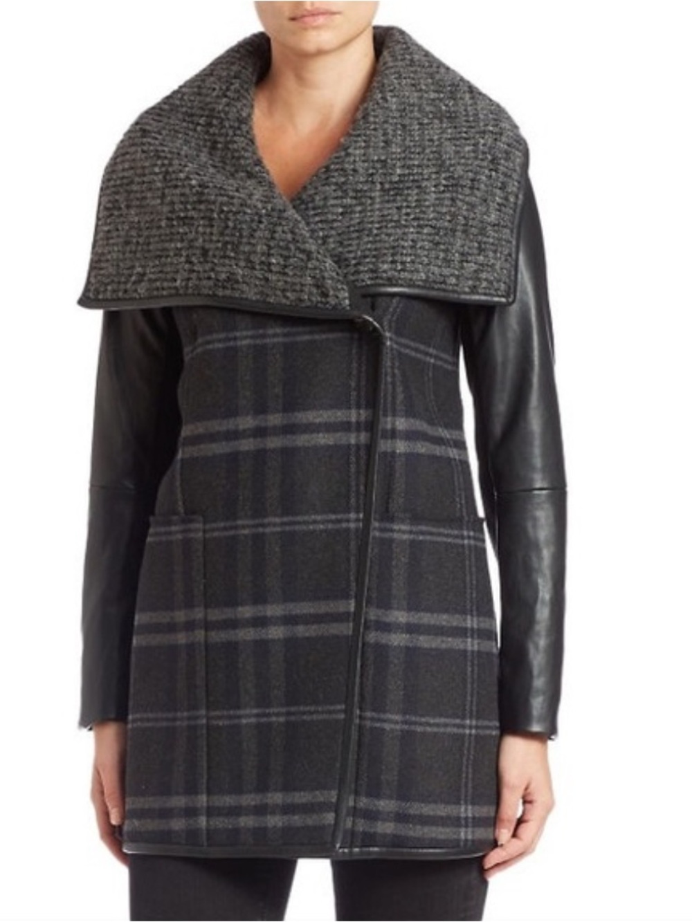 VERA WANG Wool-Blend Plaid Coat with Leather Sleeves women’s large chic car coat